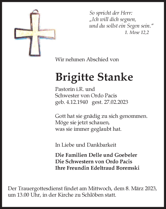 Traueranzeige von Brigitte Stanke von Ostthüringer Zeitung