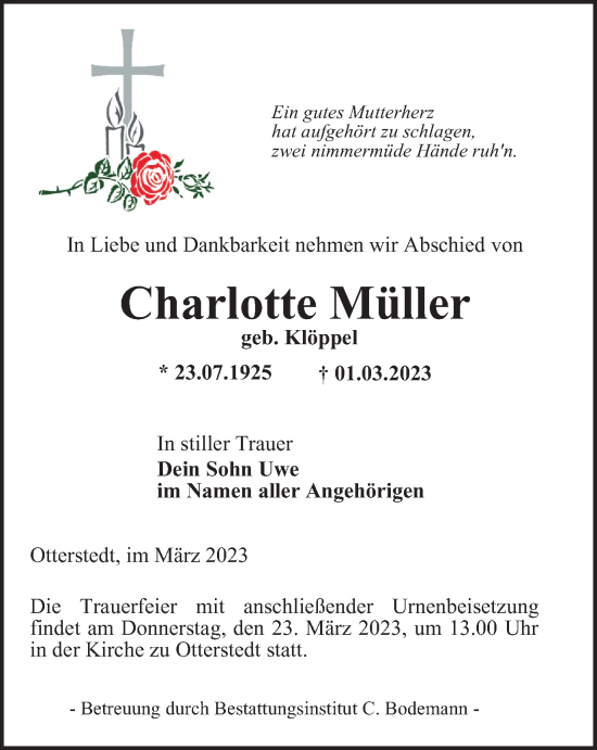 Traueranzeige von Charlotte Müller