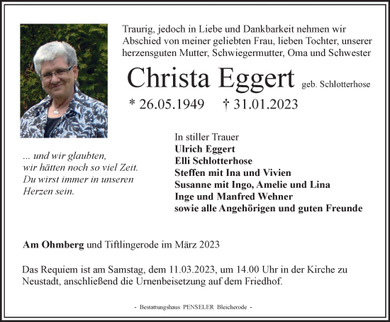 Traueranzeige von Christa Eggert von Thüringer Allgemeine