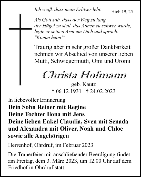 Traueranzeige von Christa Hofmann von Thüringer Allgemeine, Thüringische Landeszeitung