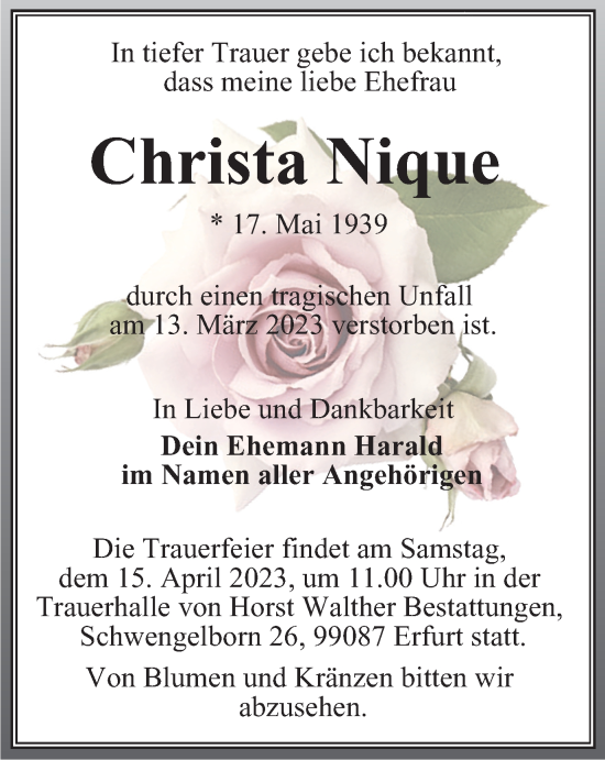 Traueranzeige von Christa Nique von Thüringer Allgemeine, Thüringische Landeszeitung