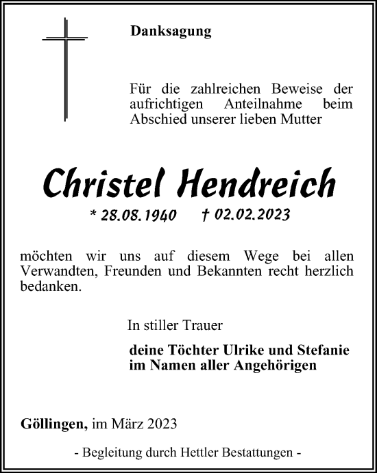 Traueranzeige von Christel Hendreich von Thüringer Allgemeine