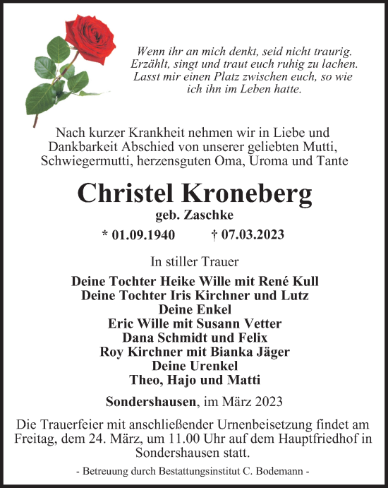 Traueranzeige von Christel Kroneberg