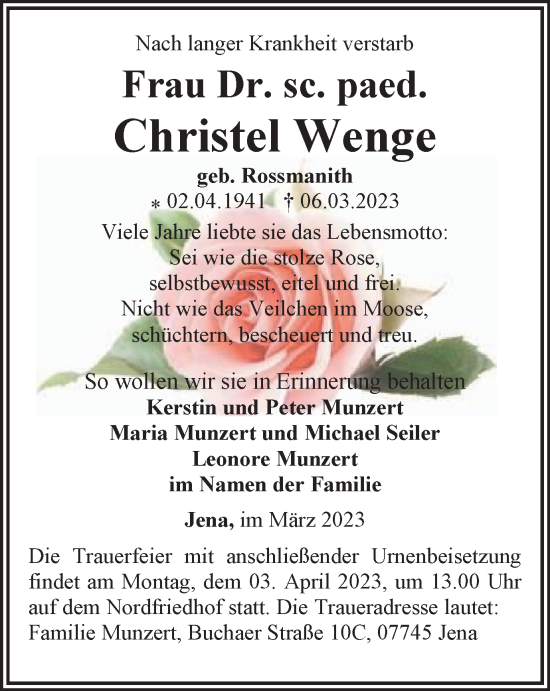 Traueranzeige von Christel Wenge von Ostthüringer Zeitung, Thüringische Landeszeitung
