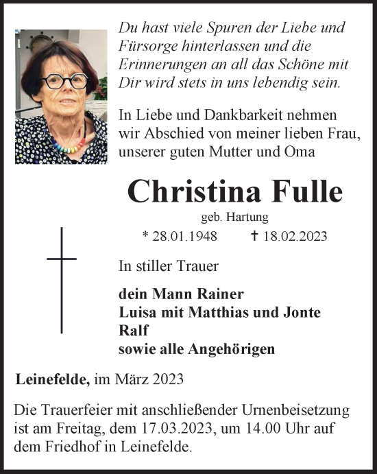 Traueranzeige von Christina Fulle von Thüringer Allgemeine