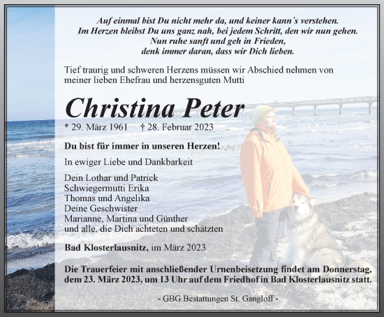 Traueranzeige von Christina Peter von Ostthüringer Zeitung