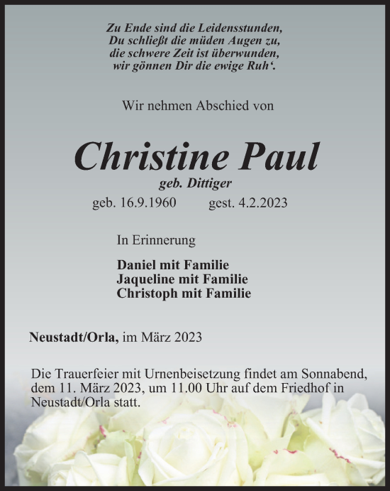 Traueranzeige von Christine Paul von Ostthüringer Zeitung