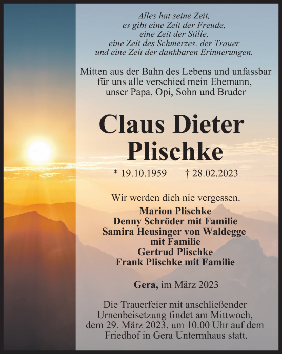 Traueranzeige von Claus Dieter Plischke von Thüringer Allgemeine, Thüringische Landeszeitung