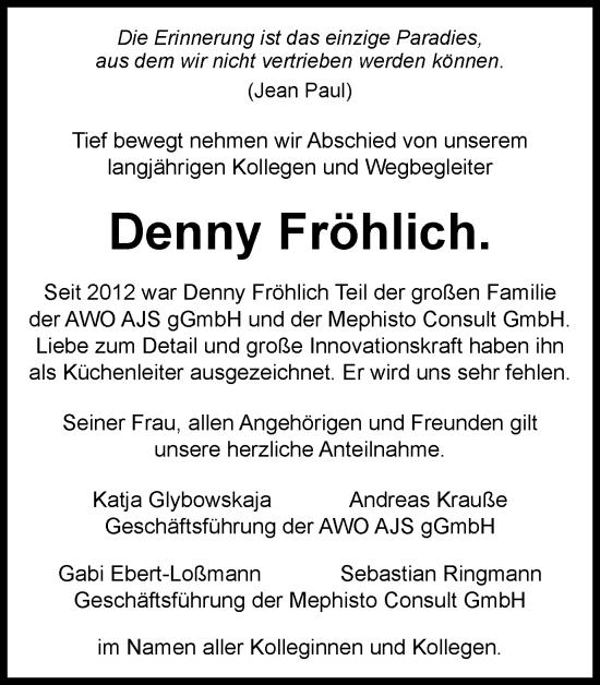 Traueranzeige von Denny Fröhlich von Ostthüringer Zeitung