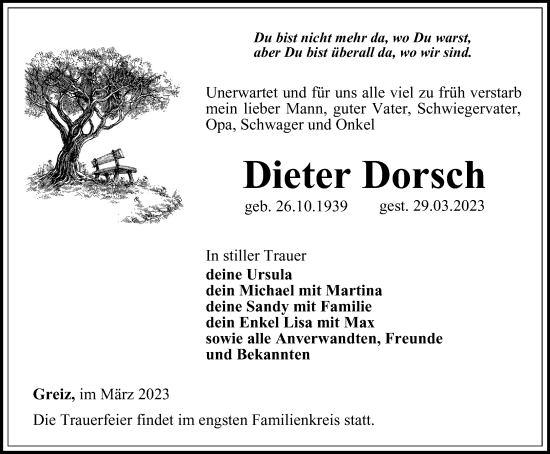 Traueranzeige von Dieter Dorsch von Ostthüringer Zeitung