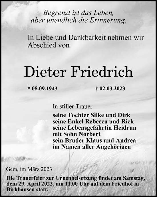 Traueranzeige von Dieter Friedrich von Ostthüringer Zeitung