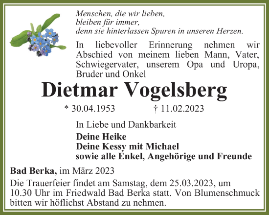 Traueranzeige von Dietmar Vogelsberg von Thüringer Allgemeine, Thüringische Landeszeitung