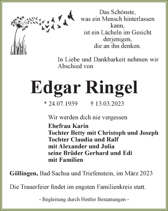 Traueranzeige von Edgar Ringel von Thüringer Allgemeine