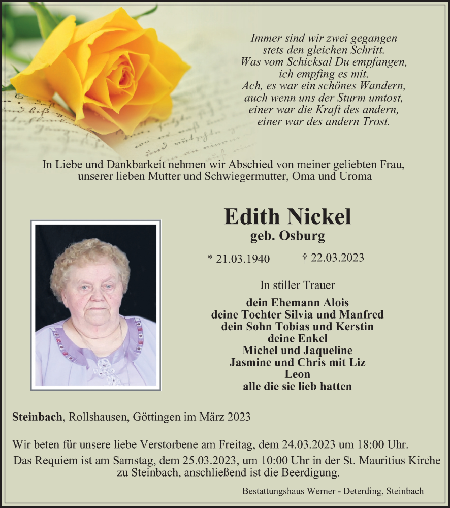  Traueranzeige für Edith Nickel vom 24.03.2023 aus Thüringer Allgemeine