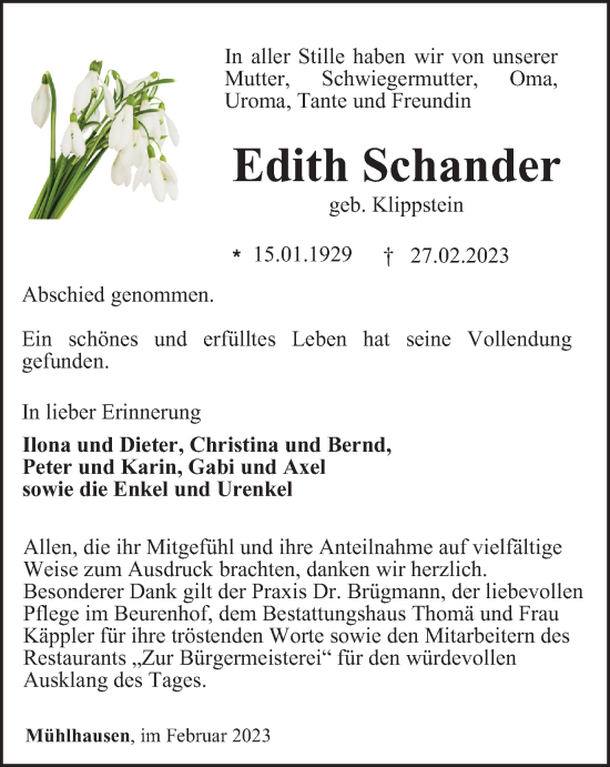 Traueranzeige von Edith Schander von Thüringer Allgemeine, Thüringische Landeszeitung