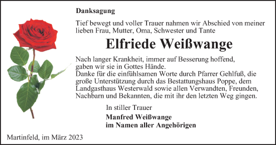 Traueranzeige von Elfriede Weißwange von Thüringer Allgemeine