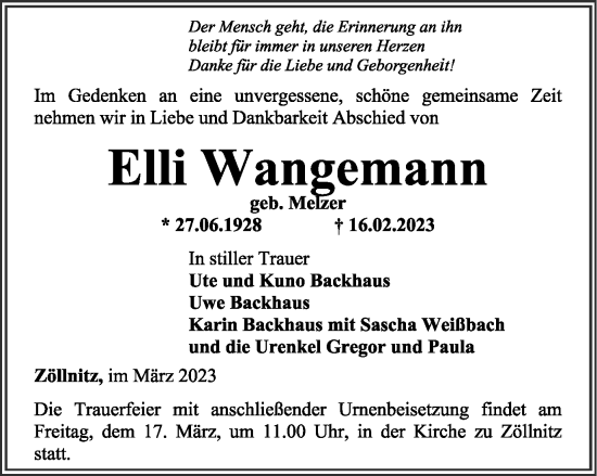 Traueranzeige von Elli Wangemann von Thüringer Allgemeine, Thüringische Landeszeitung