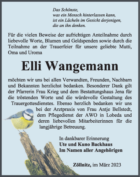 Traueranzeige von Elli Wangemann von Ostthüringer Zeitung, Thüringische Landeszeitung