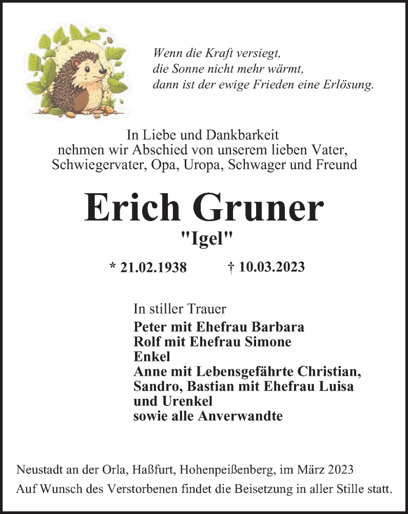  Traueranzeige für Erich Gruner vom 18.03.2023 aus Ostthüringer Zeitung