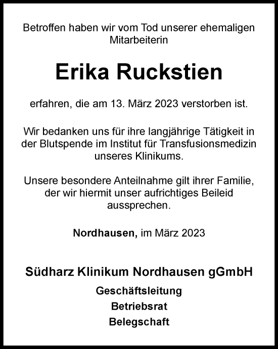 Traueranzeige von Erika Ruckstien von Thüringer Allgemeine