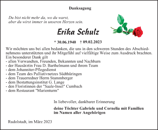 Traueranzeige von Erika Schulz von Ostthüringer Zeitung