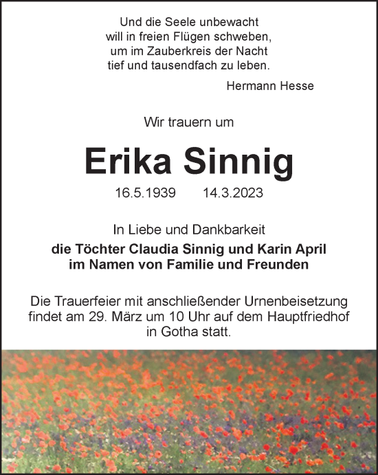 Traueranzeige von Erika Sinnig von Thüringer Allgemeine, Thüringische Landeszeitung