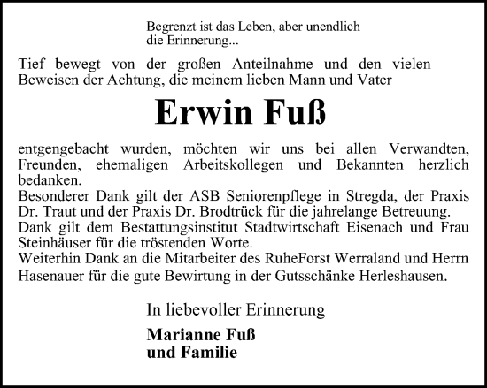 Traueranzeige von Erwin Fuß von Thüringer Allgemeine, Thüringische Landeszeitung