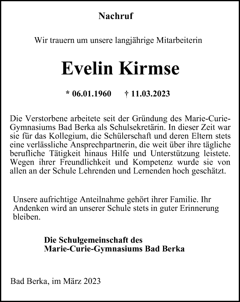  Traueranzeige für Evelin Kirmse vom 25.03.2023 aus Thüringer Allgemeine, Thüringische Landeszeitung