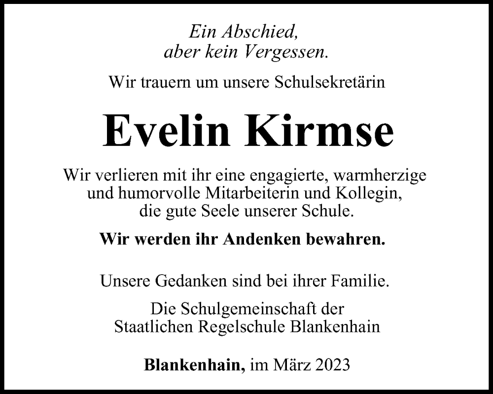  Traueranzeige für Evelin Kirmse vom 25.03.2023 aus Thüringer Allgemeine, Thüringische Landeszeitung