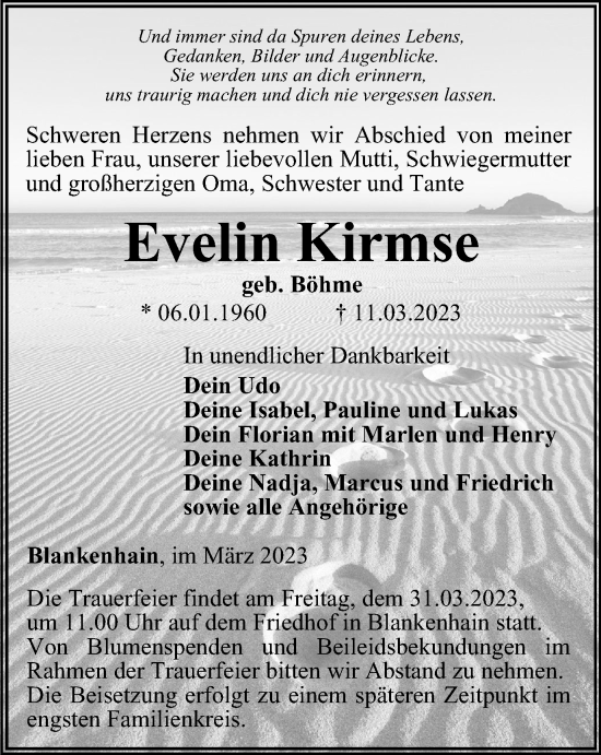 Traueranzeige von Evelin Kirmse von Thüringer Allgemeine, Thüringische Landeszeitung