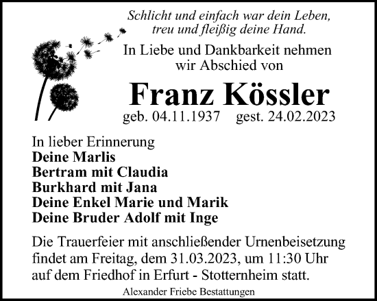 Traueranzeige von Franz Kössler von Thüringer Allgemeine, Thüringische Landeszeitung