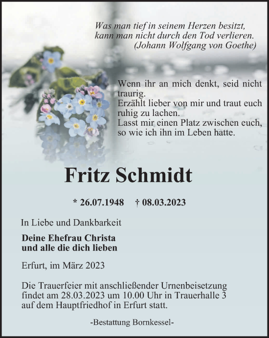 Traueranzeige von Fritz Schmidt von Thüringer Allgemeine, Thüringische Landeszeitung