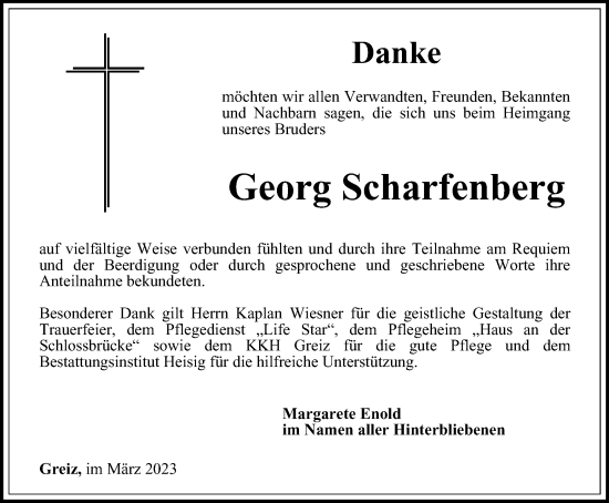 Traueranzeige von Georg Scharfenberg von Ostthüringer Zeitung