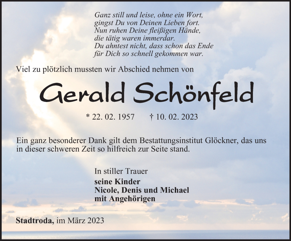  Traueranzeige für Gerald Sckönfeld vom 11.03.2023 aus Ostthüringer Zeitung