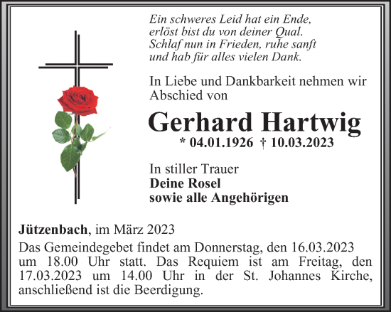 Traueranzeige von Gerhard Hartwig von Thüringer Allgemeine