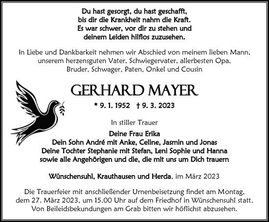 Traueranzeige von Gerhard Mayer von Thüringer Allgemeine, Thüringische Landeszeitung