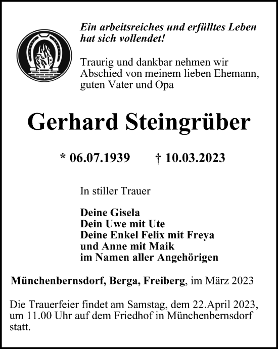 Traueranzeige von Gerhard Steingräber von Ostthüringer Zeitung