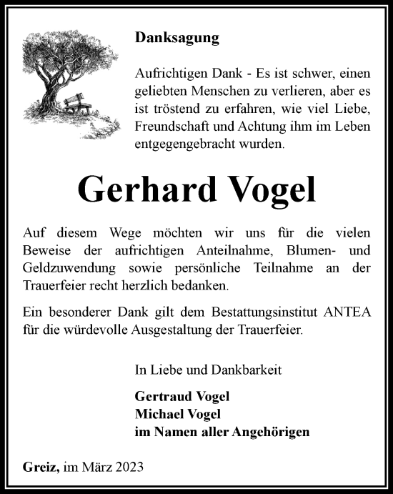 Traueranzeige von Gerhard Vogel von Ostthüringer Zeitung