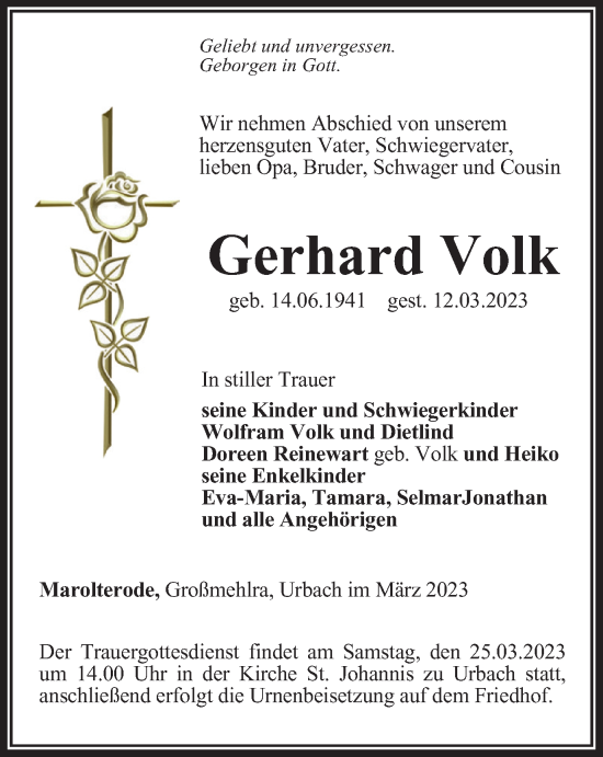 Traueranzeige von Gerhard Volk von Thüringer Allgemeine, Thüringische Landeszeitung