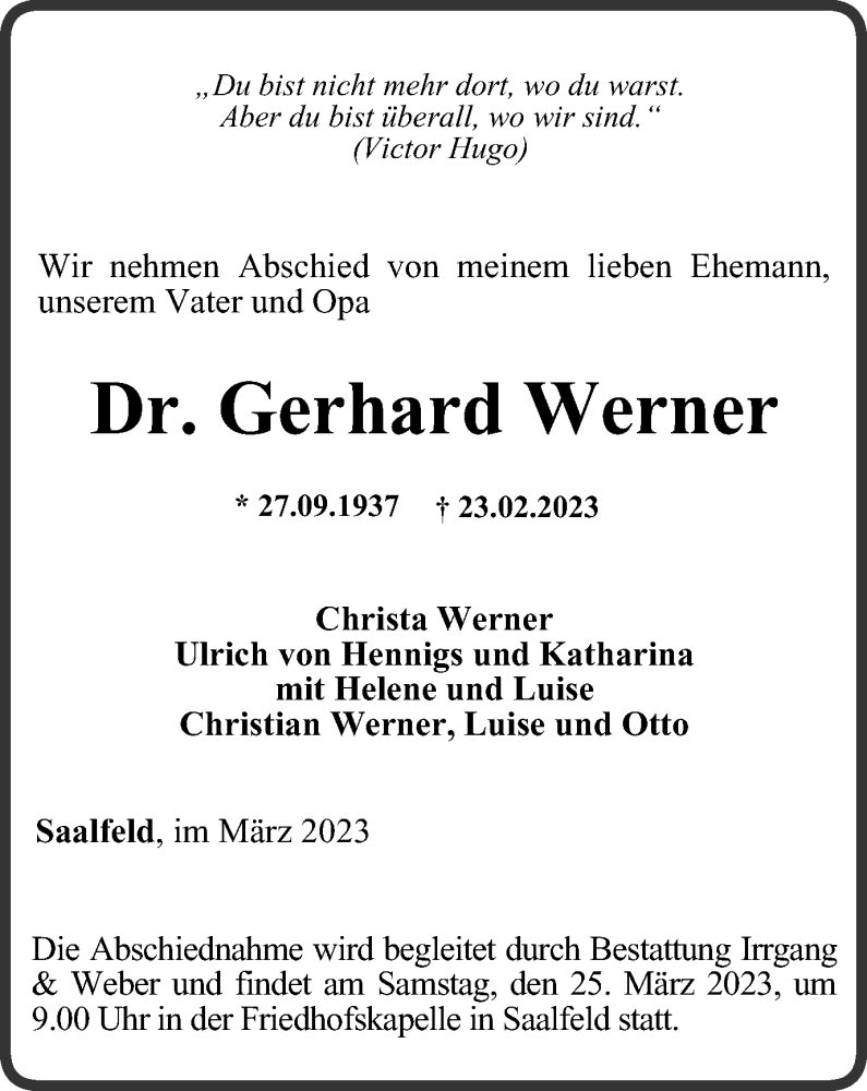 Traueranzeige für Gerhard Werner vom 18.03.2023 aus Ostthüringer Zeitung