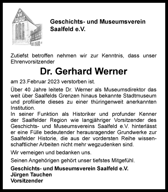 Traueranzeige von Gerhard Werner von Ostthüringer Zeitung