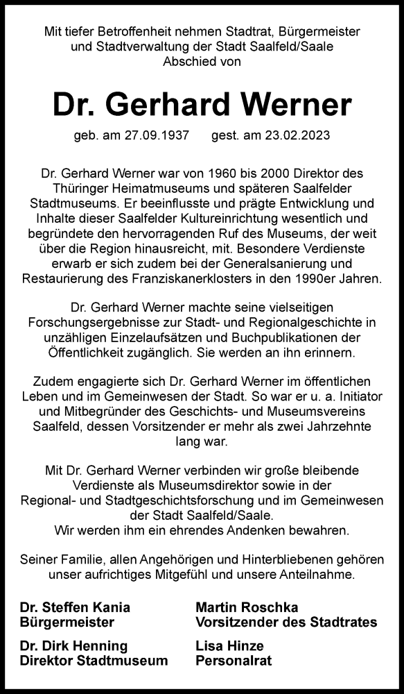  Traueranzeige für Gerhard Werner vom 25.03.2023 aus Ostthüringer Zeitung