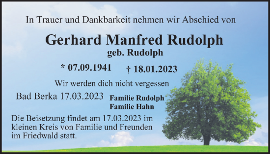 Traueranzeige von Gerhard Manfred Rudolph von Thüringer Allgemeine, Thüringische Landeszeitung