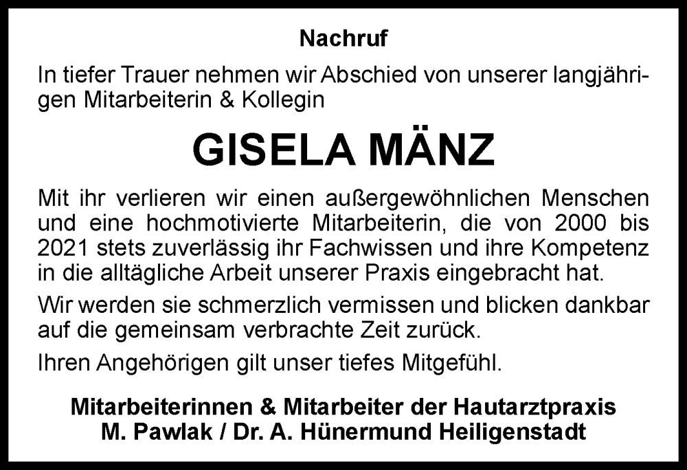  Traueranzeige für Gisela Mänz vom 22.03.2023 aus Thüringer Allgemeine