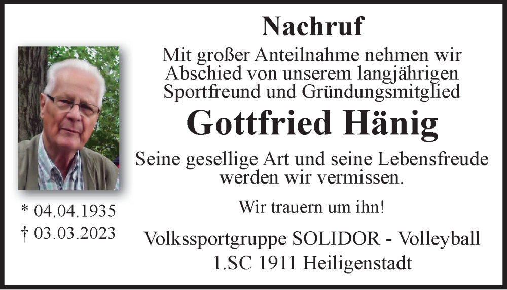  Traueranzeige für Gottfried Hänig vom 22.03.2023 aus Thüringer Allgemeine