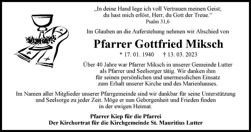  Traueranzeige für Gottfried Miksch vom 18.03.2023 aus Thüringer Allgemeine
