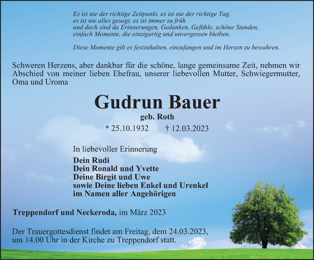  Traueranzeige für Gudrun Bauer vom 18.03.2023 aus Ostthüringer Zeitung