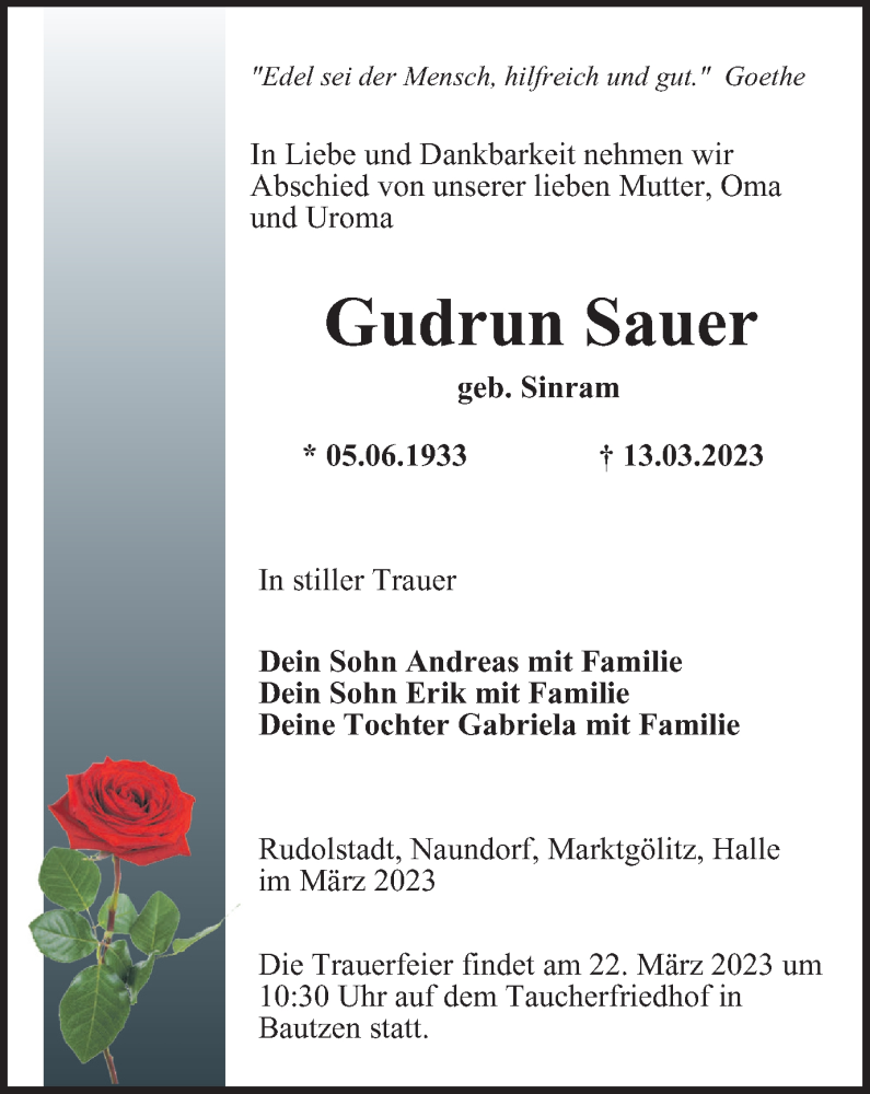  Traueranzeige für Gudrun Sauer vom 16.03.2023 aus Ostthüringer Zeitung