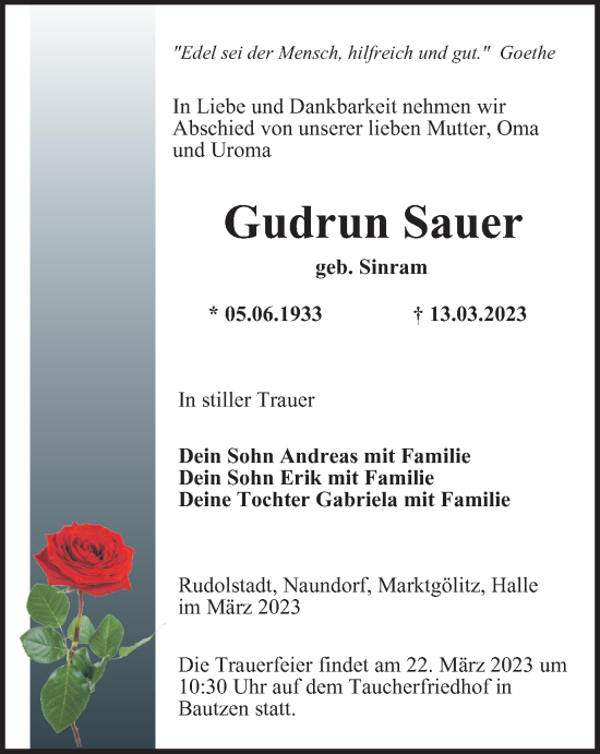 Traueranzeige von Gudrun Sauer von Ostthüringer Zeitung