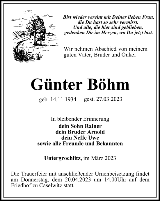 Traueranzeige von Günter Böhm von Ostthüringer Zeitung
